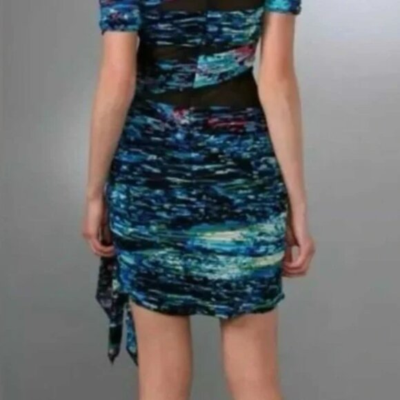 BCBG MAXAZRIA Runway Dress. Mesh Cutouts. Blue Abstract Bodycon. Size S. - Picture 16 of 16